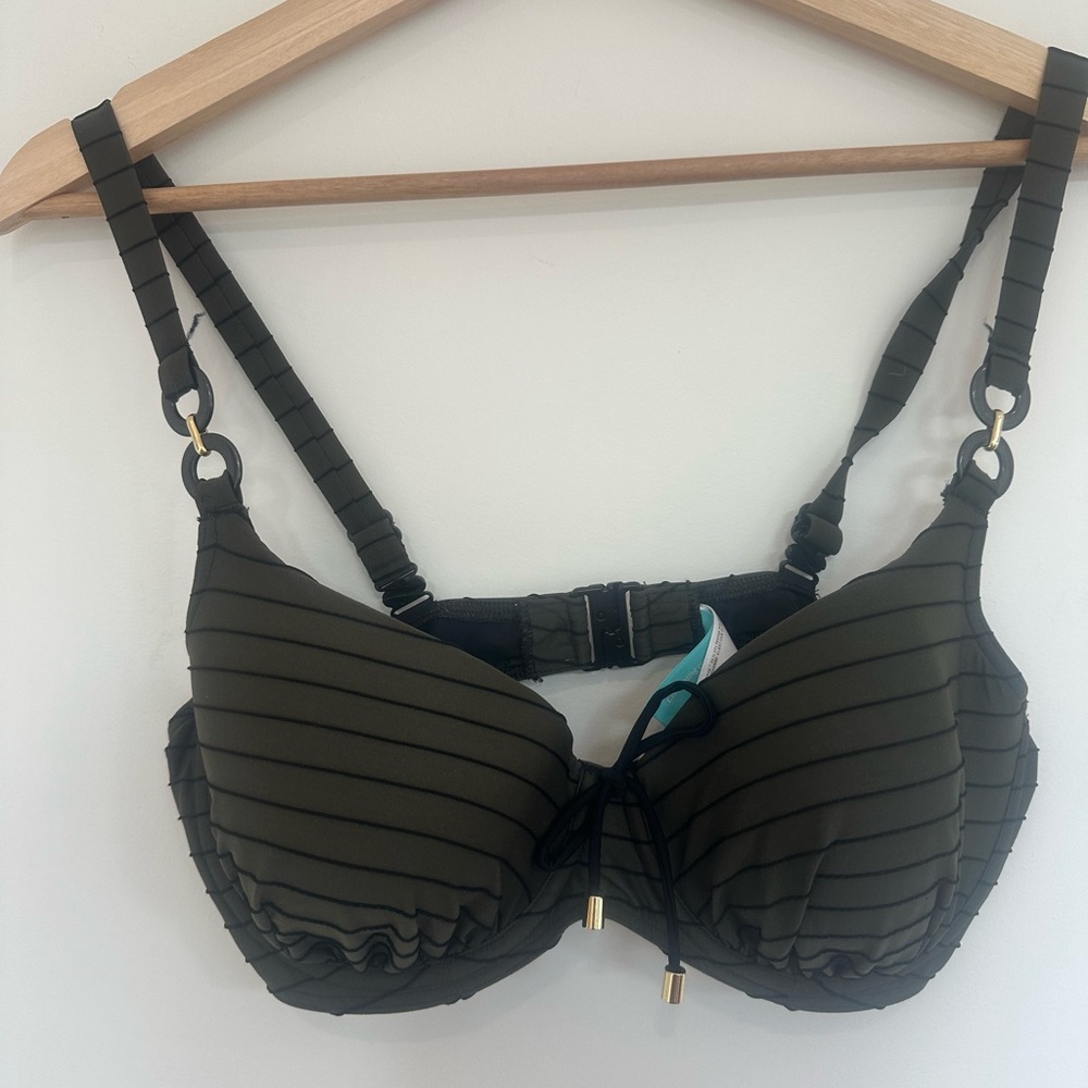 Prima Donna Dark Olive Striped swim top NWOT size 34‎ D supportive